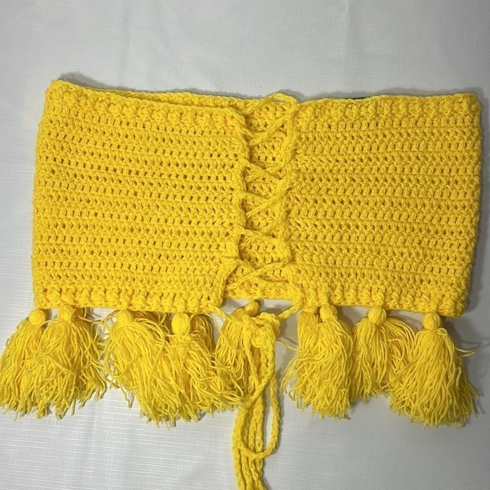Elexiay 2pc yellow set crochet handmade skirt top - Picture 4 of 9